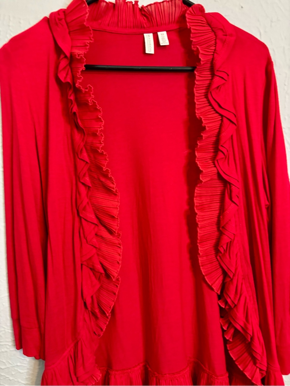 Madison Red Ruffled Open Front Cardigan - Picture 2 of 5